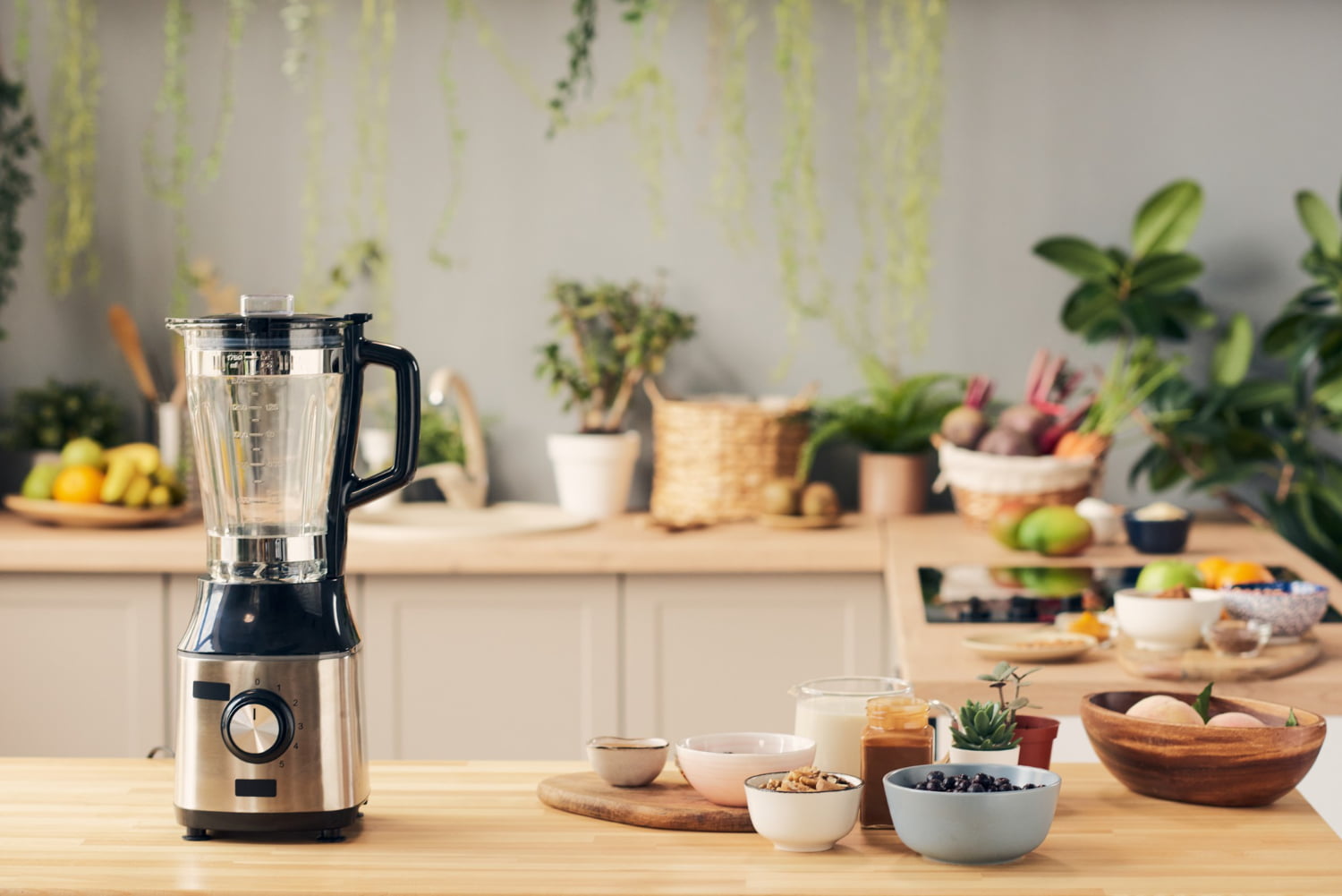 electric blender group bowls with ingredients smoothie