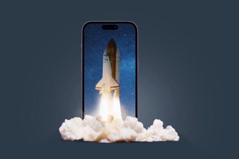 rocket shuttle successful launch smartphone dark background concept start up gadget take off spaceship with smoke overflow creating idea think differently app