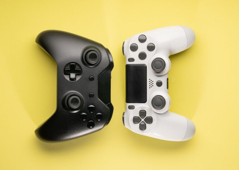 top view black white game controllers